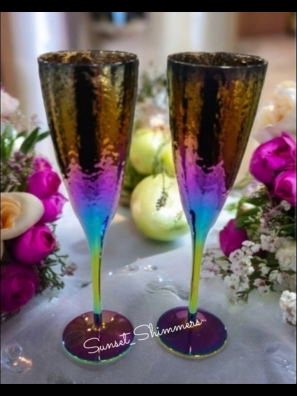 x2 RAINBOW Metallic Hand Hammered Look Reflective Flute Glasses NEW